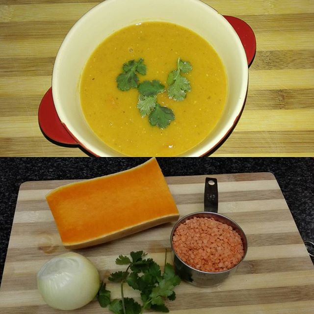 Butternut and Lentil Soup with ingredients